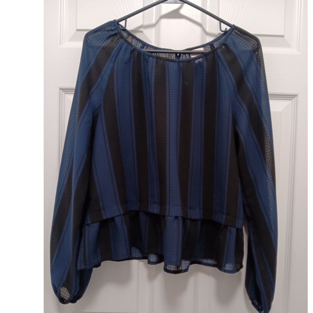 Merona Womens Small Blue Black Striped Peplum Blouse Sheer Balloon Sleeve Top